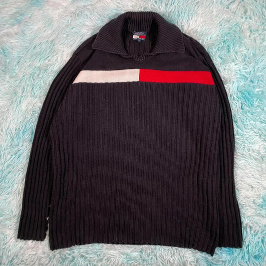 Vintage 00s y2k Black Tommy Hilfiger Knitted Jumper Flag - Large