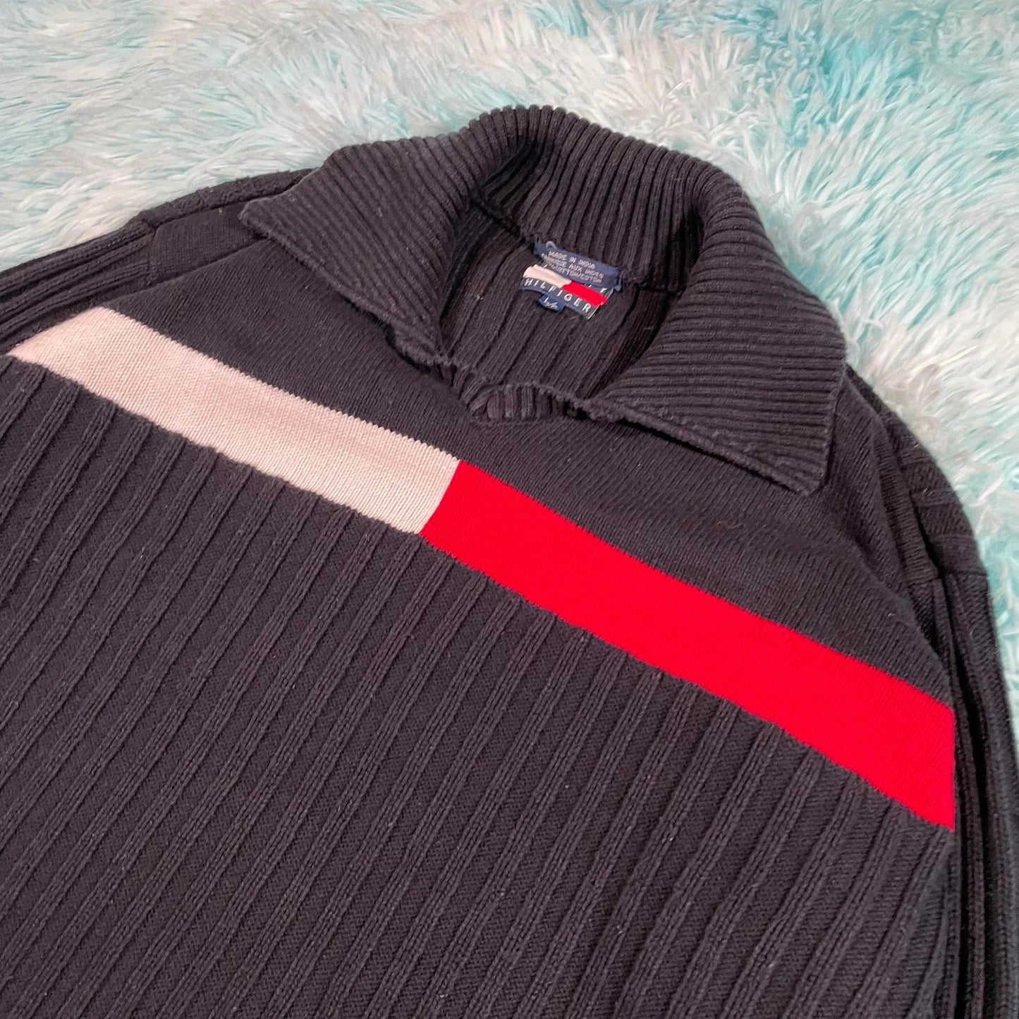 Vintage 00s y2k Black Tommy Hilfiger Knitted Jumper Flag - Large