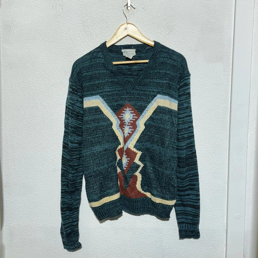 Vintage 80s Navy Aztec patterned Knitted Jumper - Large