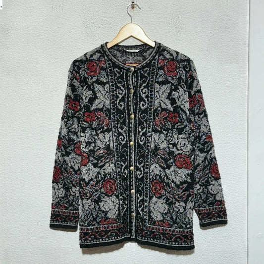 Vintage 80s Black Floral Patterned Knitted Cardigan