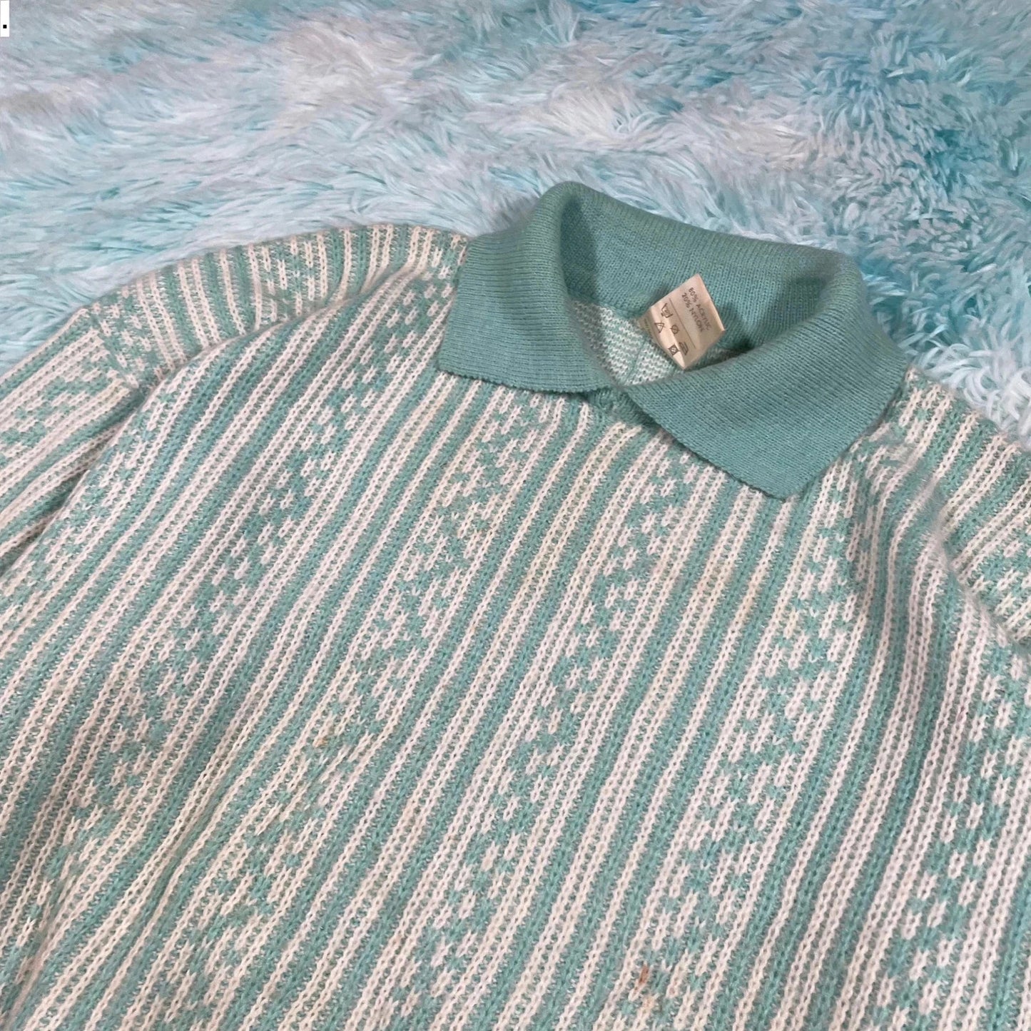 Vintage 80s White & Blue Collared Knitted Jumper - Size 14