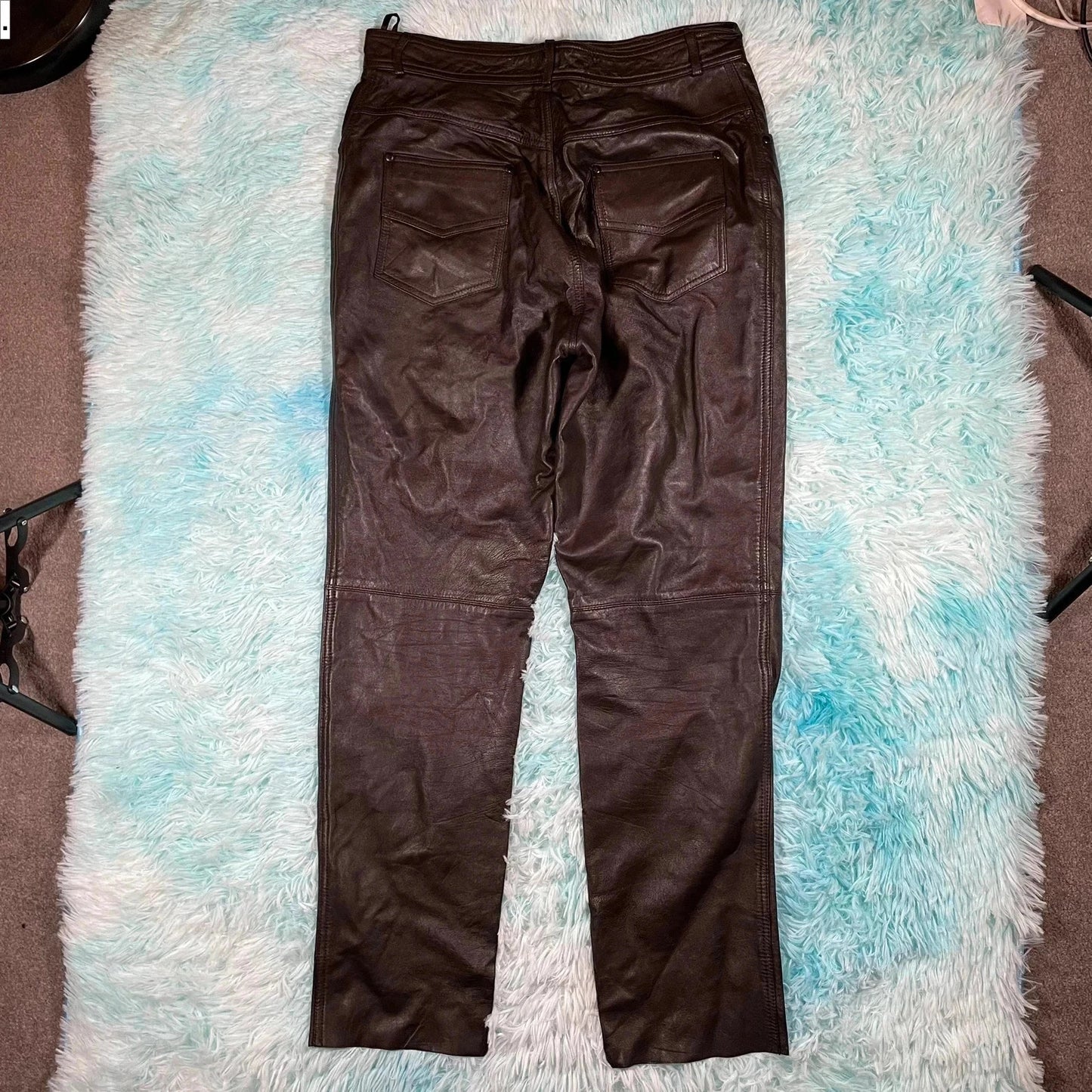 Dark Brown Leather Biker Trousers - Size 16
