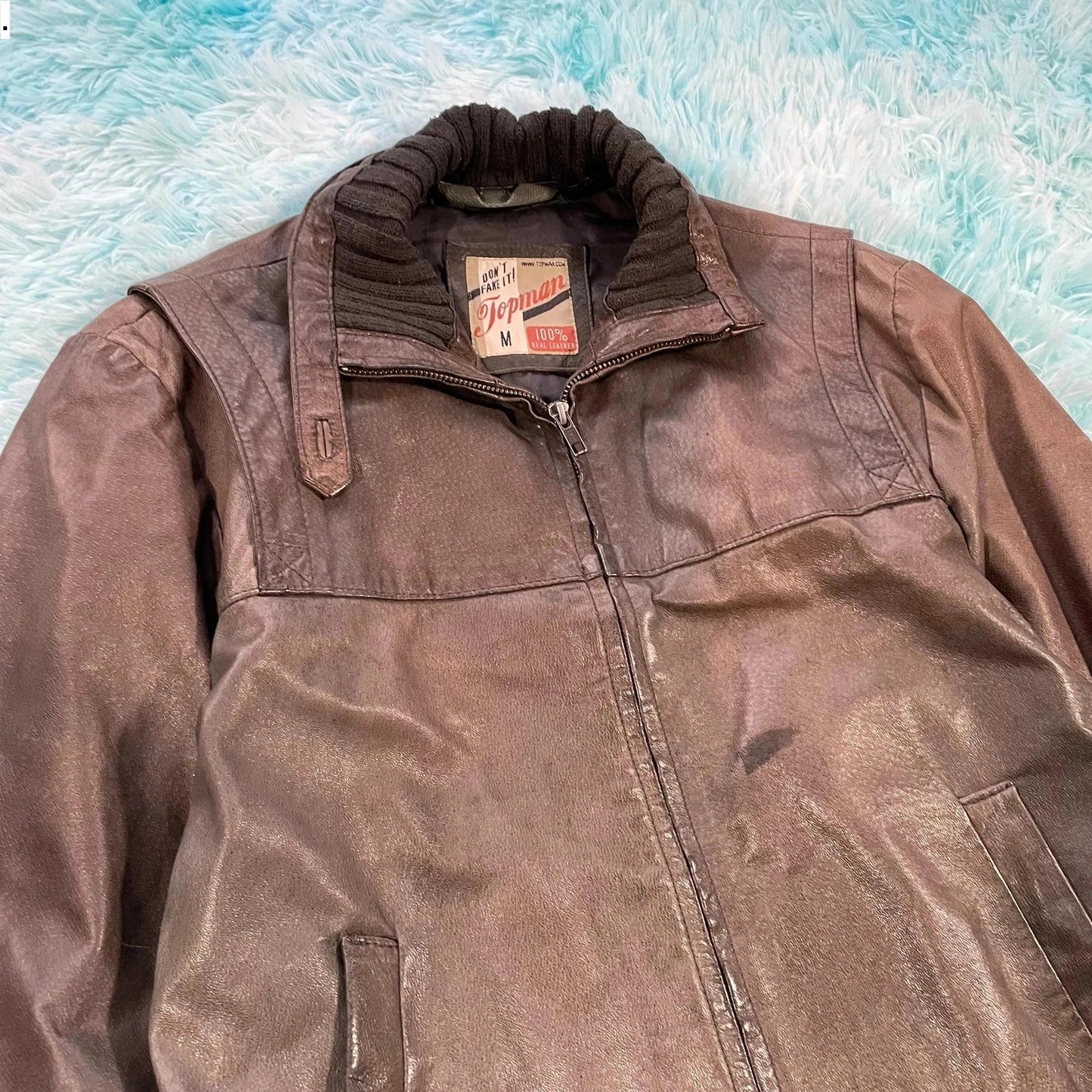 Vintage 00s Fitted Leather Jacket Topman - Medium
