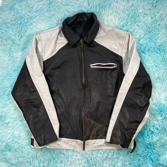 Vintage 90s Black & White Leather Jacket - XL 44”