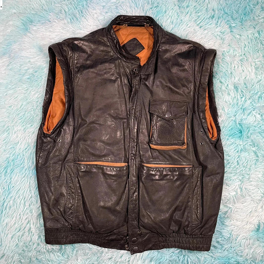 Vintage 90s Black Leather Vest Jacket - Large