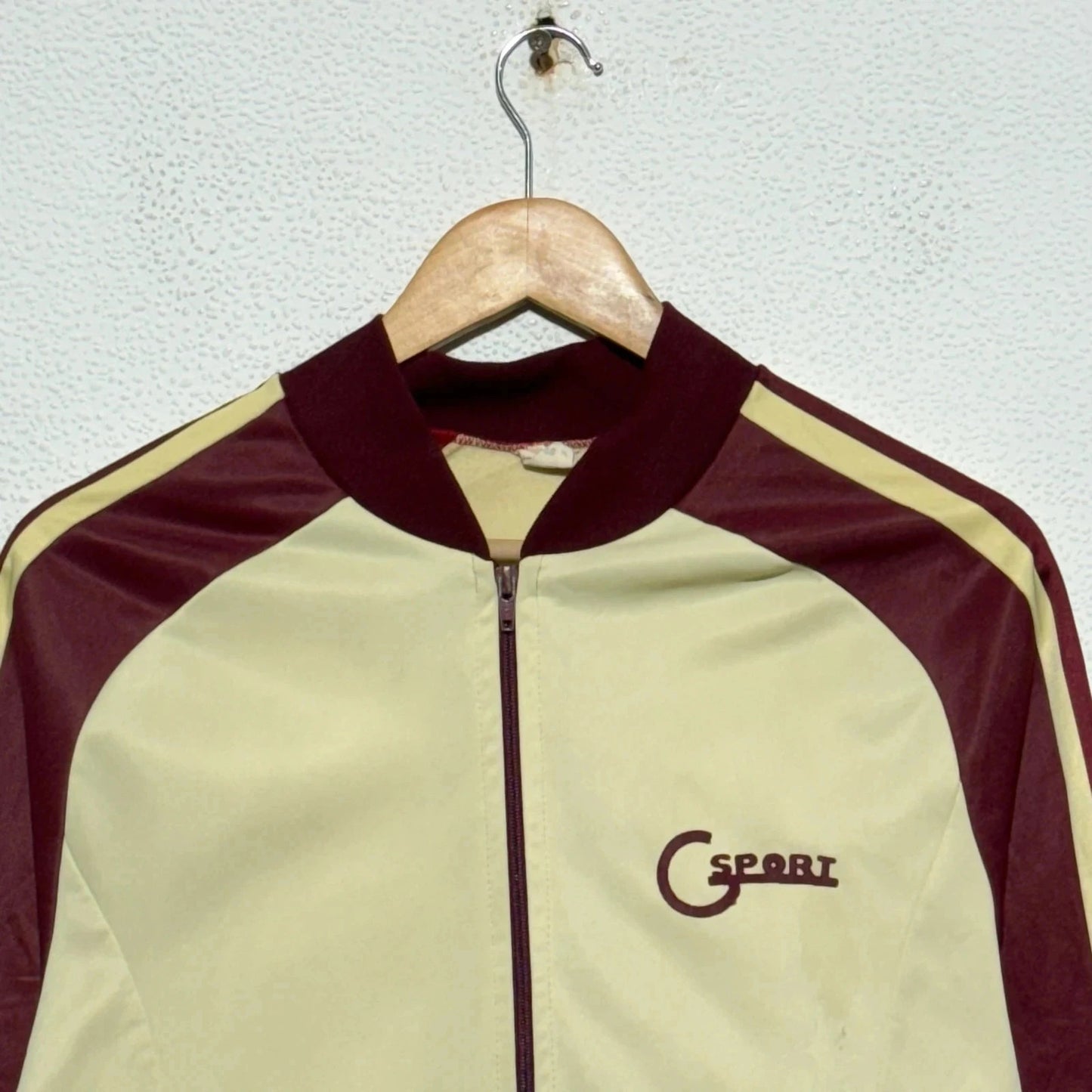 Vintage 70s Cream & Burgundy Track Jacket CSport - Small