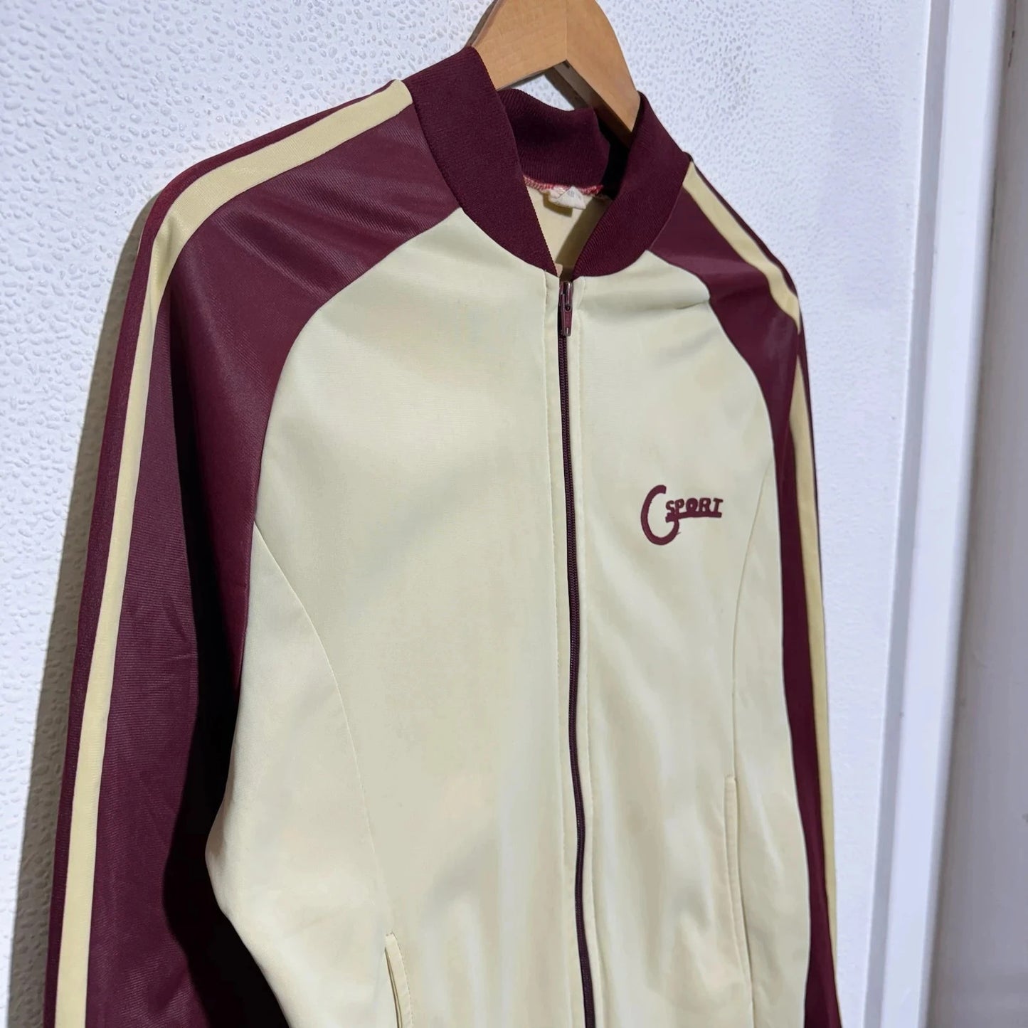 Vintage 70s Cream & Burgundy Track Jacket CSport - Small