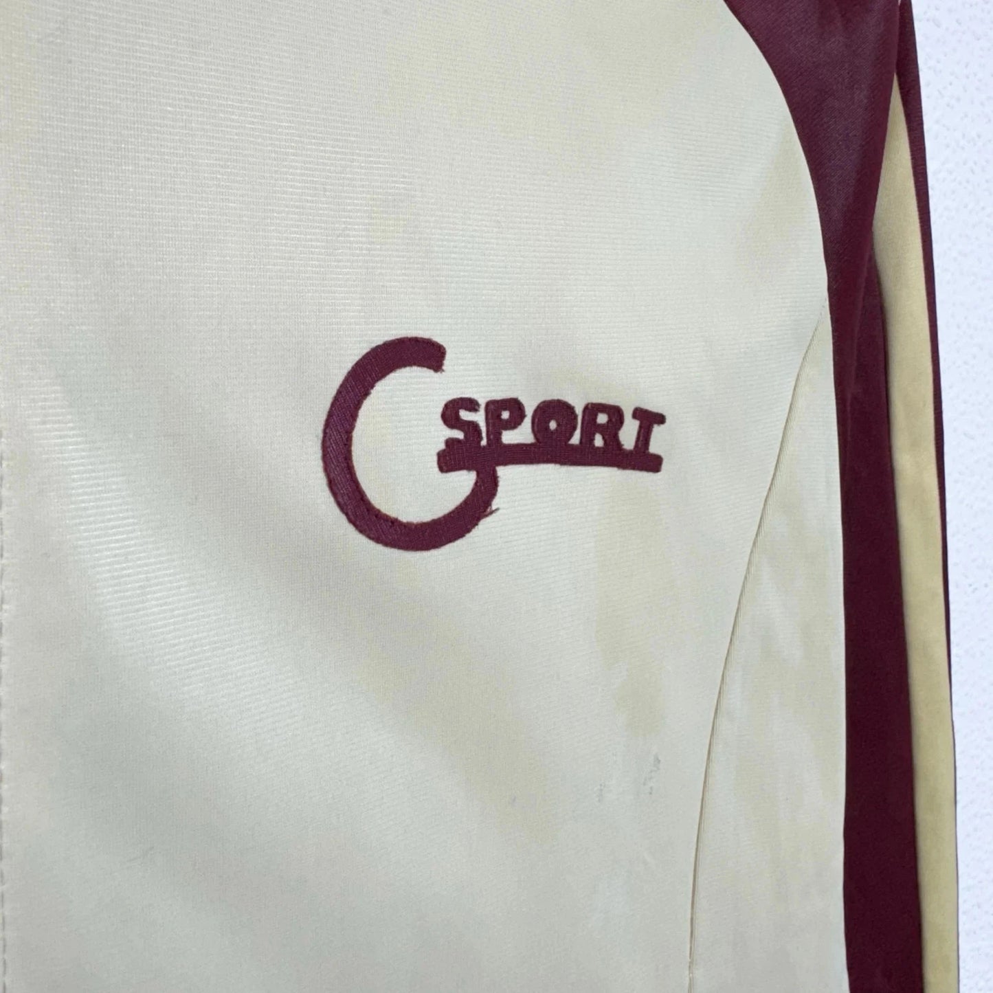Vintage 70s Cream & Burgundy Track Jacket CSport - Small