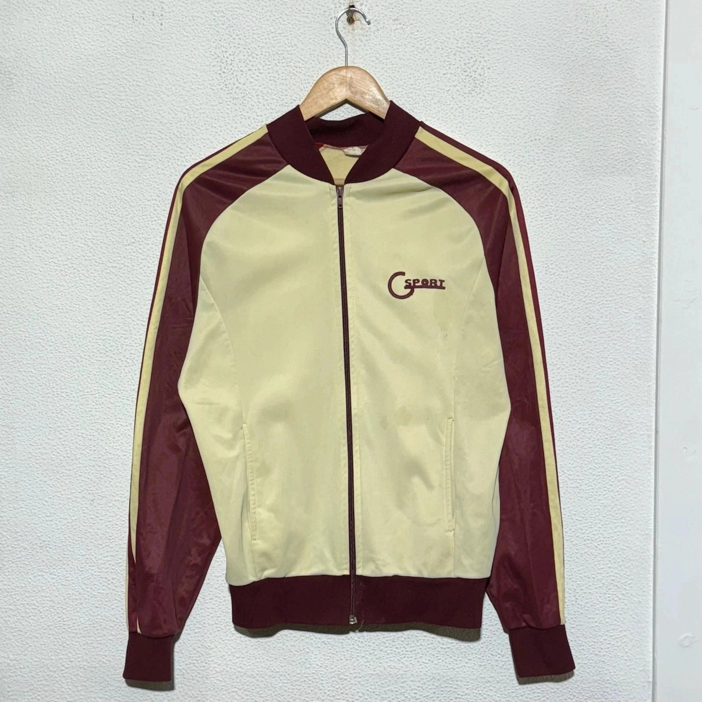 Vintage 70s Cream & Burgundy Track Jacket CSport - Small