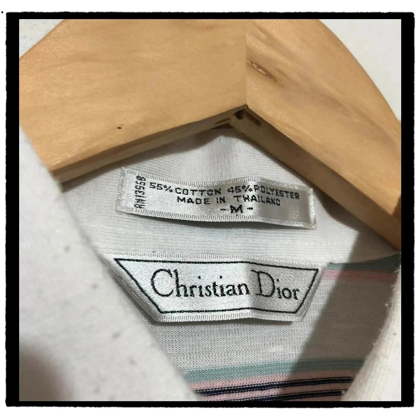 Vintage 80s White & Blue Striped Christian Dior Polo Shirt - Medium