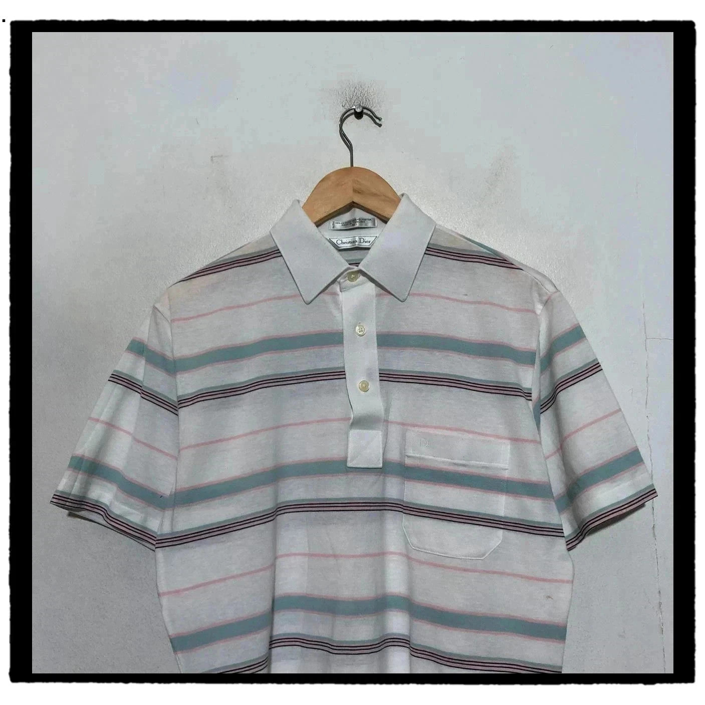 Vintage 80s White & Blue Striped Christian Dior Polo Shirt - Medium