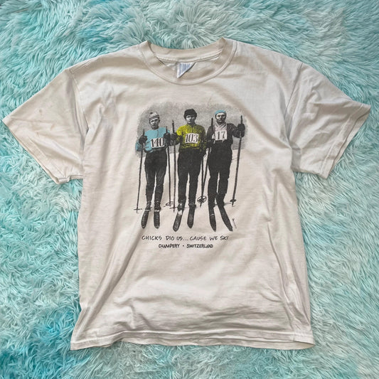 Vintage 90s White Skiing Graphic T Shirt - Large