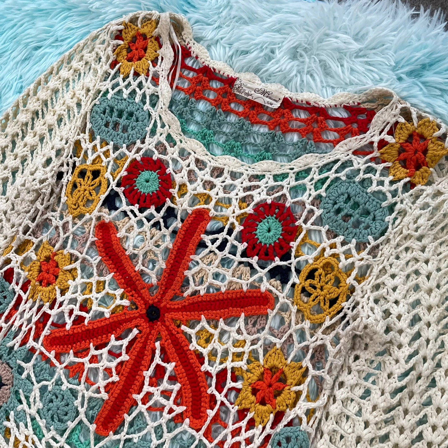 Vintage Floral Crochet Knit Jumper - Small