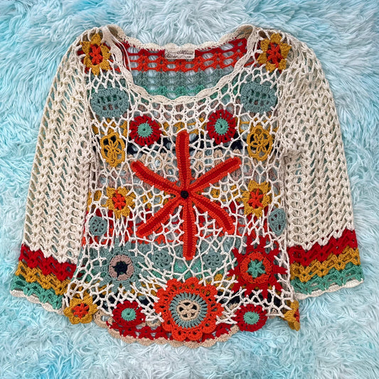 Vintage Floral Crochet Knit Jumper - Small