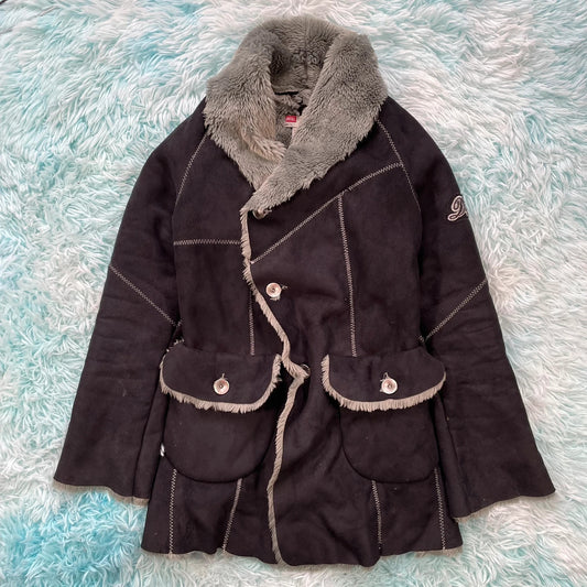 Vintage Black Diesel Faux Suede Fur Jacket - Large