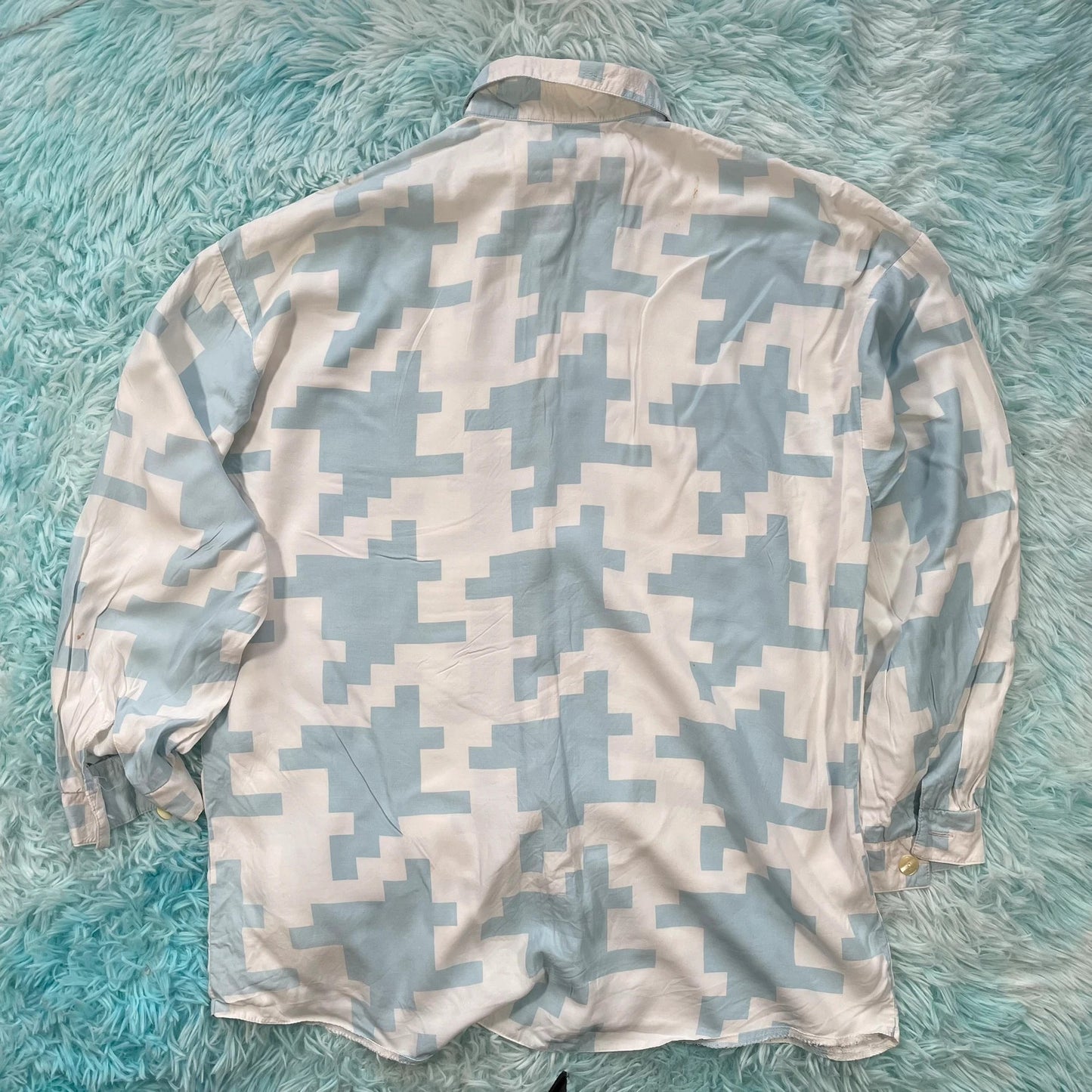 Vintage 90s Blue & White Dogtooth Funky Silk Shirt - XL