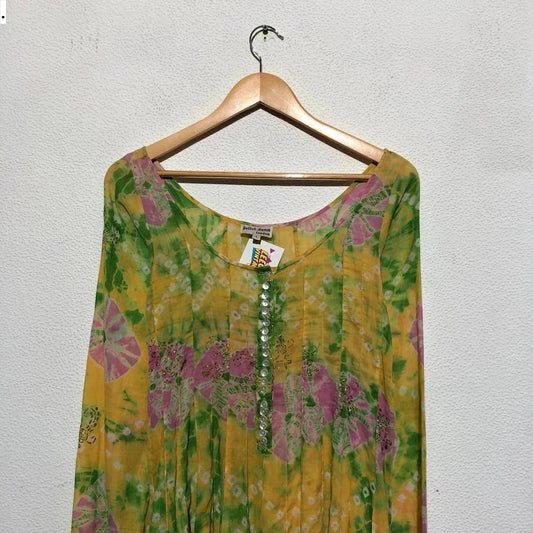 Vintage 1970s Juliet Dunn Hippie Dress Green Floral Tie Dye
