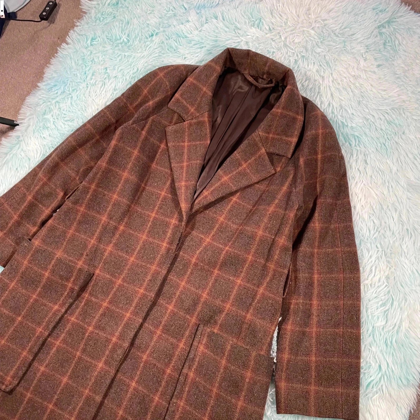 Brown Chequered Paris Atelier Wool Long Coat - Size 6
