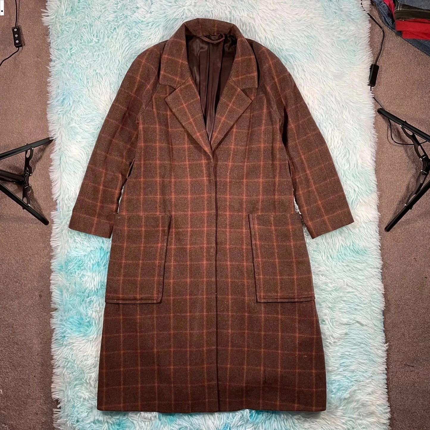 Brown Chequered Paris Atelier Wool Long Coat - Size 6