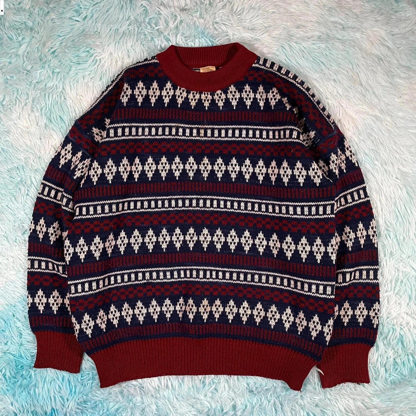 Vintage 90s Navy & Burgundy Chunky Wool Knitted Jumper - Large