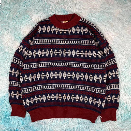 Vintage 90s Navy & Burgundy Chunky Wool Knitted Jumper - Large