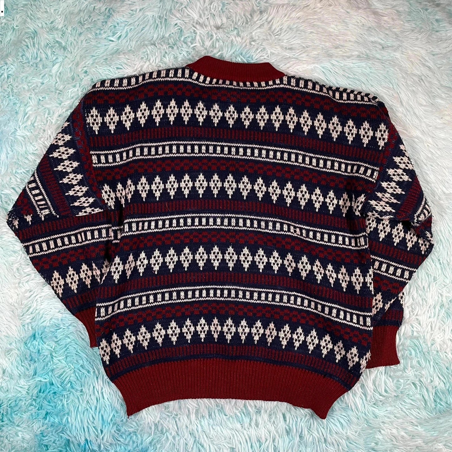 Vintage 90s Navy & Burgundy Chunky Wool Knitted Jumper - Large