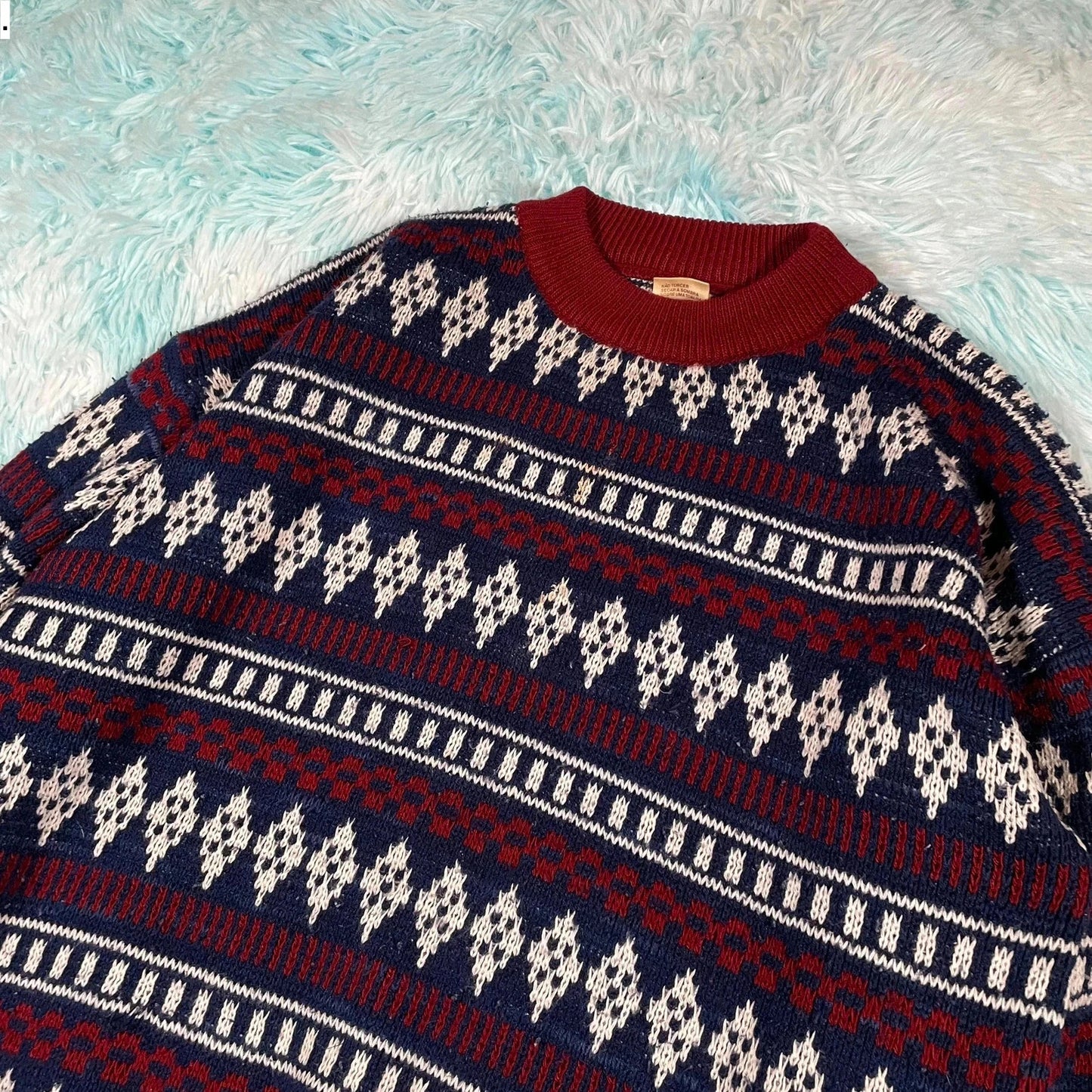 Vintage 90s Navy & Burgundy Chunky Wool Knitted Jumper - Large