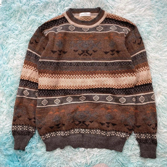 Vintage 90s Brown St Michael Grunge Patterned Knitted Jumper - Small