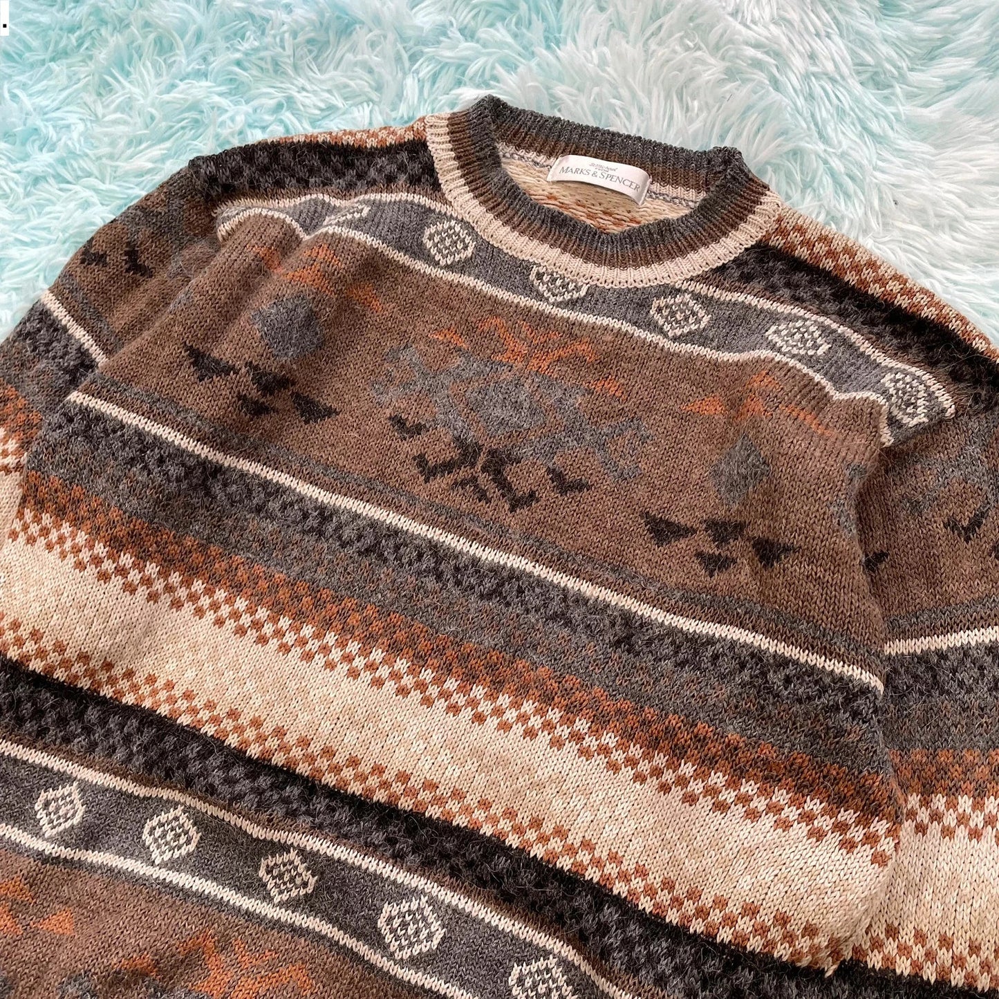 Vintage 90s Brown St Michael Grunge Patterned Knitted Jumper - Small