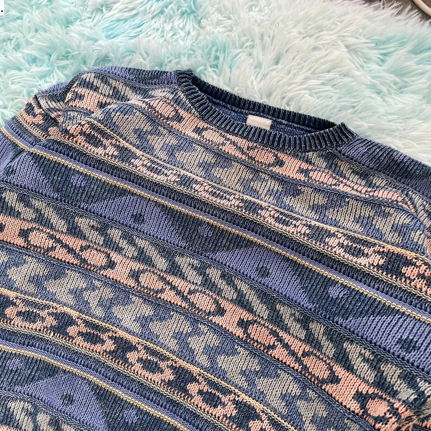 Vintage 90s Blue Funky Patterned Knitted Jumper - Size 12