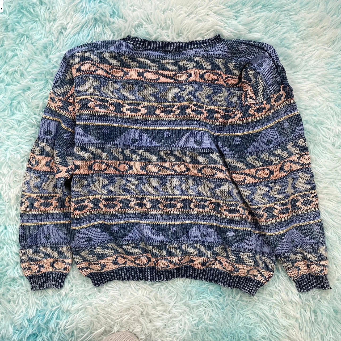 Vintage 90s Blue Funky Patterned Knitted Jumper - Size 12