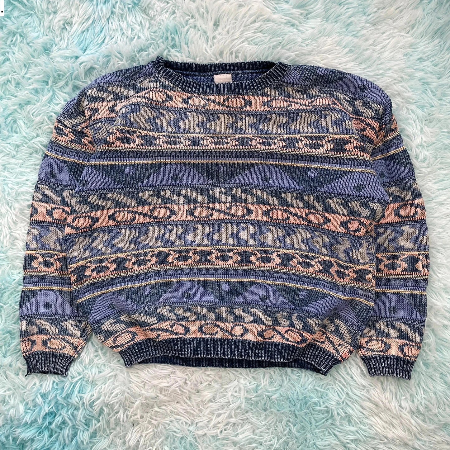 Vintage 90s Blue Funky Patterned Knitted Jumper - Size 12