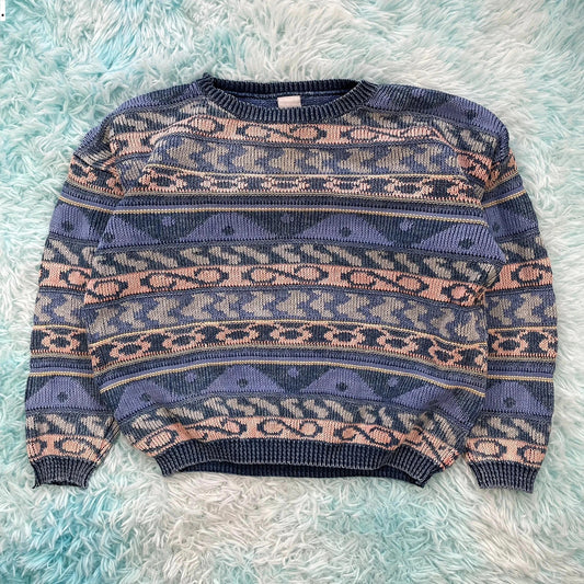 Vintage 90s Blue Funky Patterned Knitted Jumper - Size 12