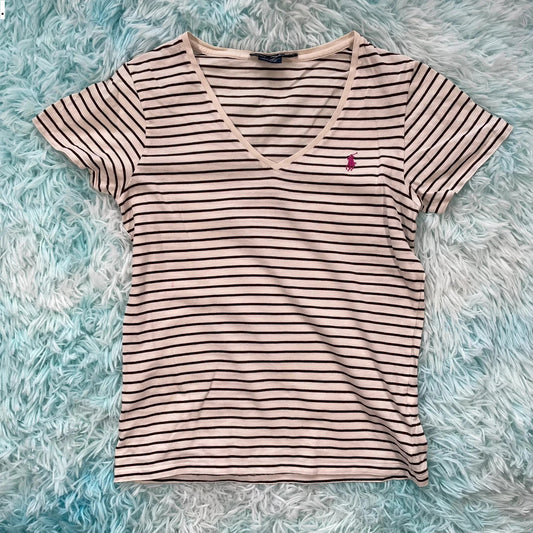 Cream & Brown Striped Ralph Lauren T Shirt - Large