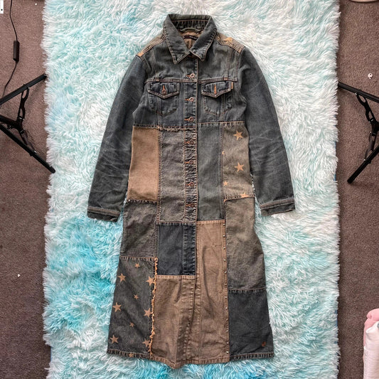 Vintage 90s Patterned Denim Trench Coat - Size 8