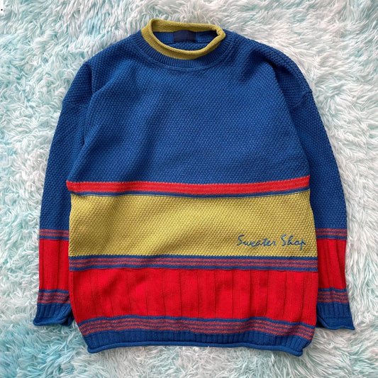 Vintage 90s Blue & Green Sweater Shop Knitted Jumper - Large