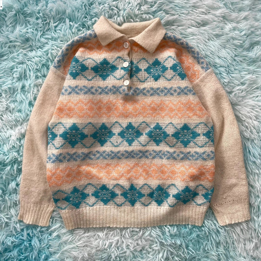 Vintage 90s Patterned Collared Grandma Jumper - Size 10