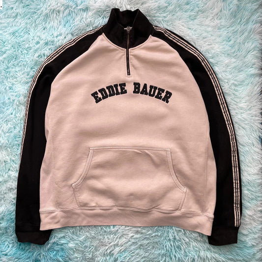 Vintage 90s Beige & Black Eddie Bauer 1/4 Zip Sweatshirt - XL