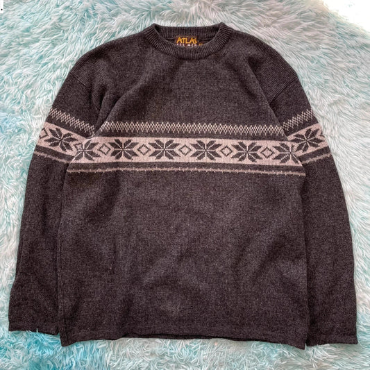 Vintage 90s Grey Patterned Grandad Knitted Jumper - XXL
