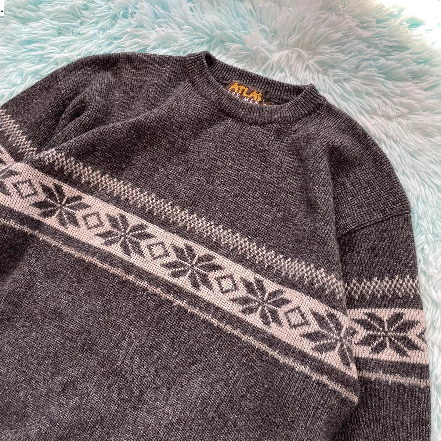 Vintage 90s Grey Patterned Grandad Knitted Jumper - XXL