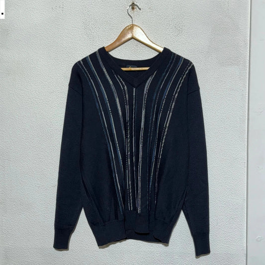 Vintage Navy Grunge Patterned Gabicci Knitted Jumper - Medium