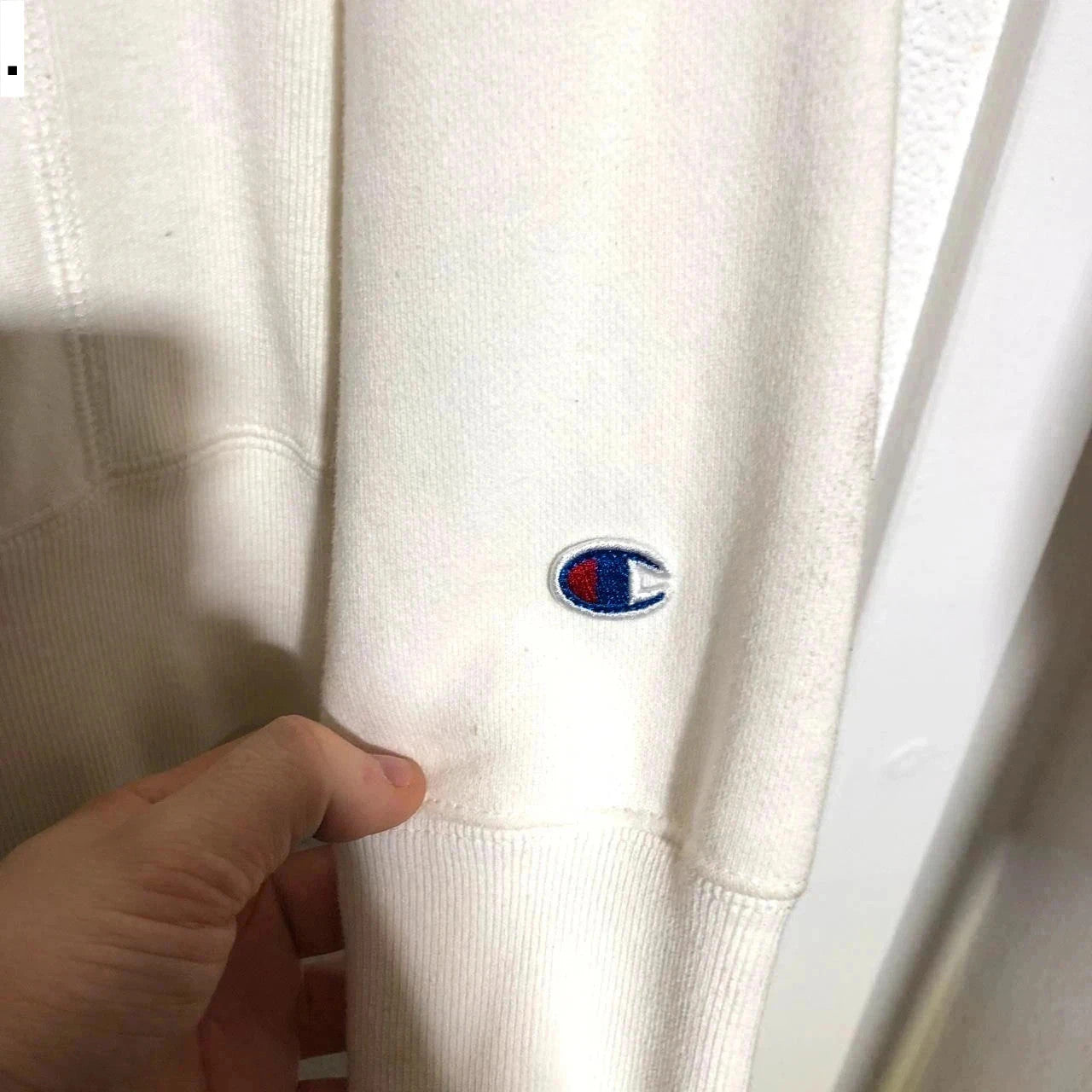 Vintage White Champion Hoodie Triple Spellout Reverse Weave - Small