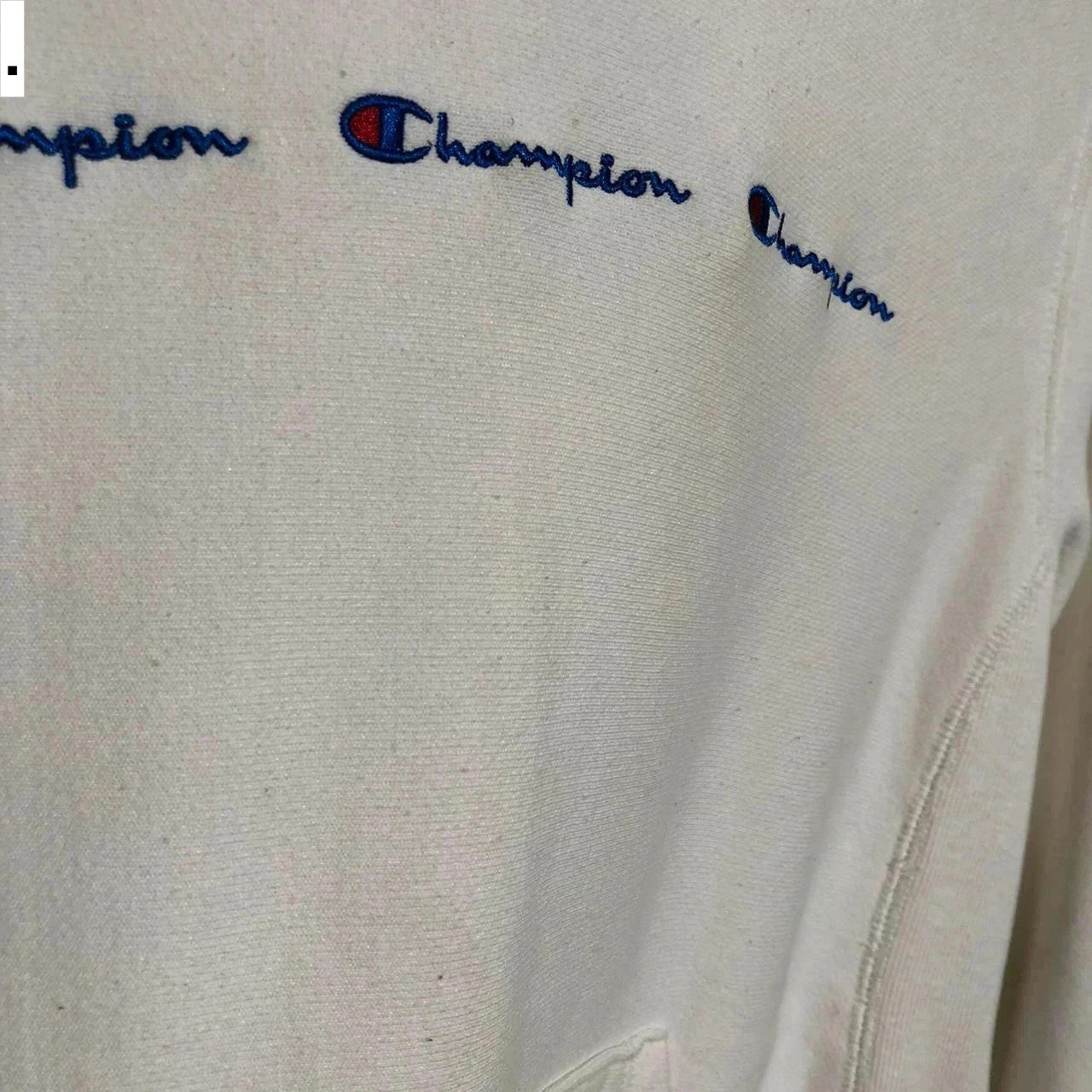 Vintage White Champion Hoodie Triple Spellout Reverse Weave - Small