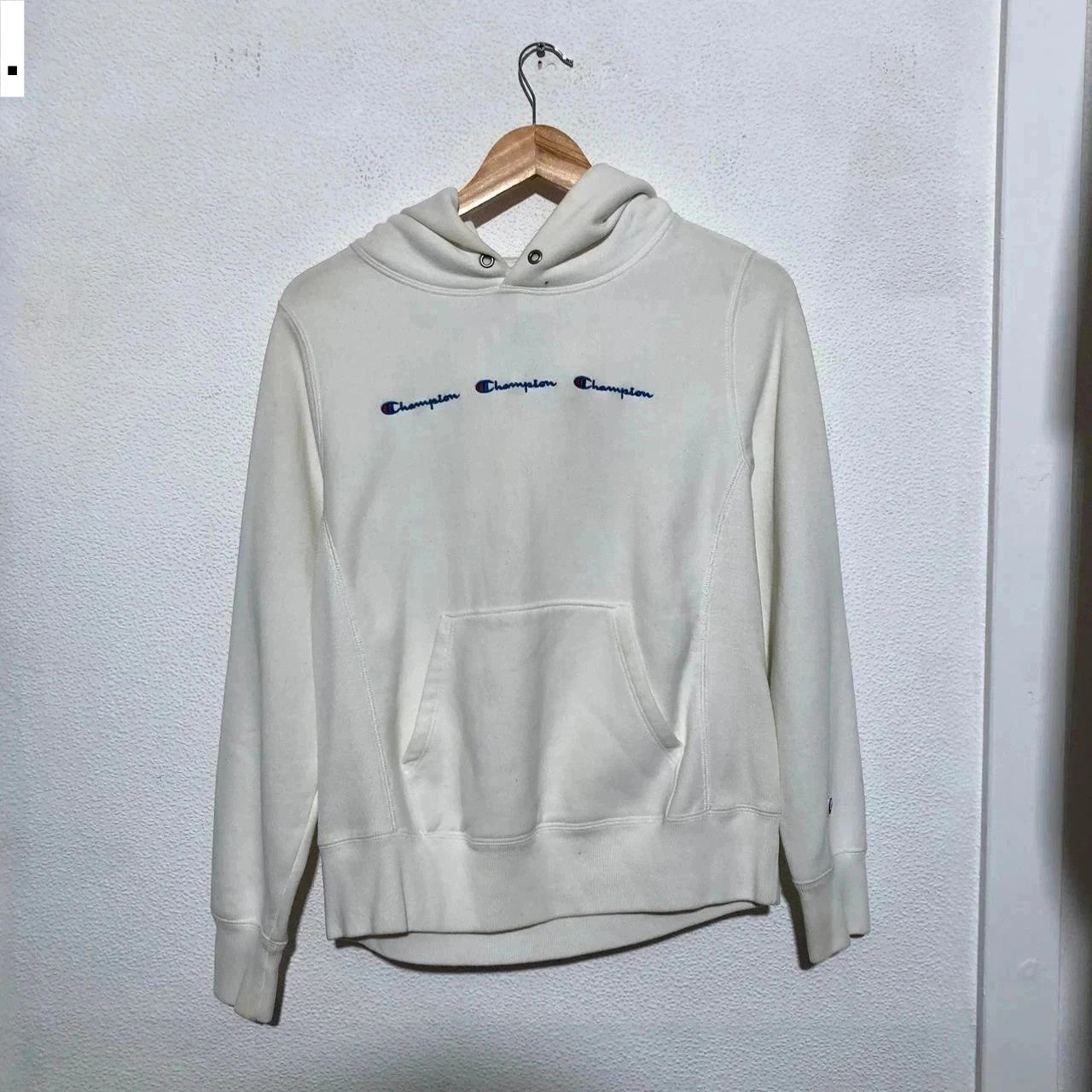 Vintage White Champion Hoodie Triple Spellout Reverse Weave - Small