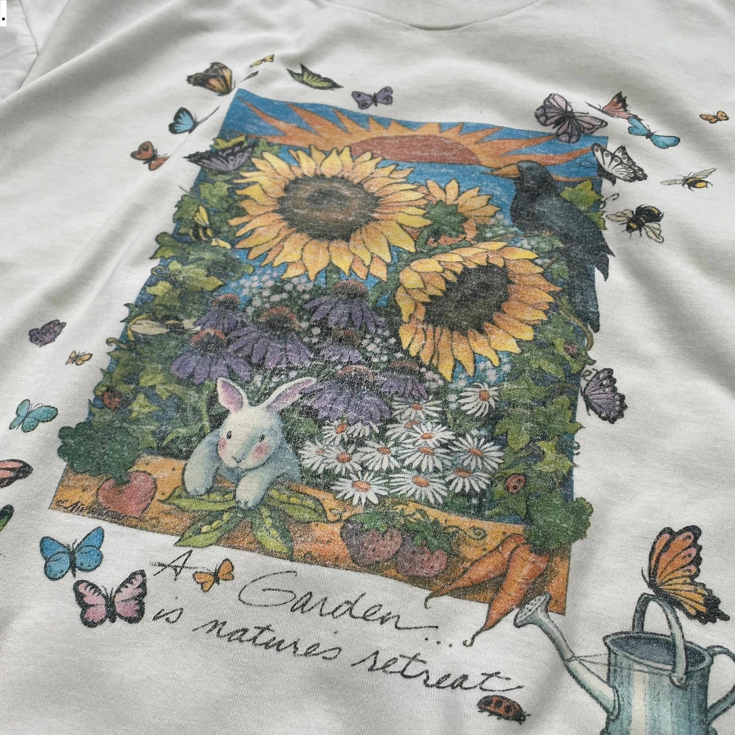 Vintage 90s White Sunflower Gardening Graphic T Shirt - XL