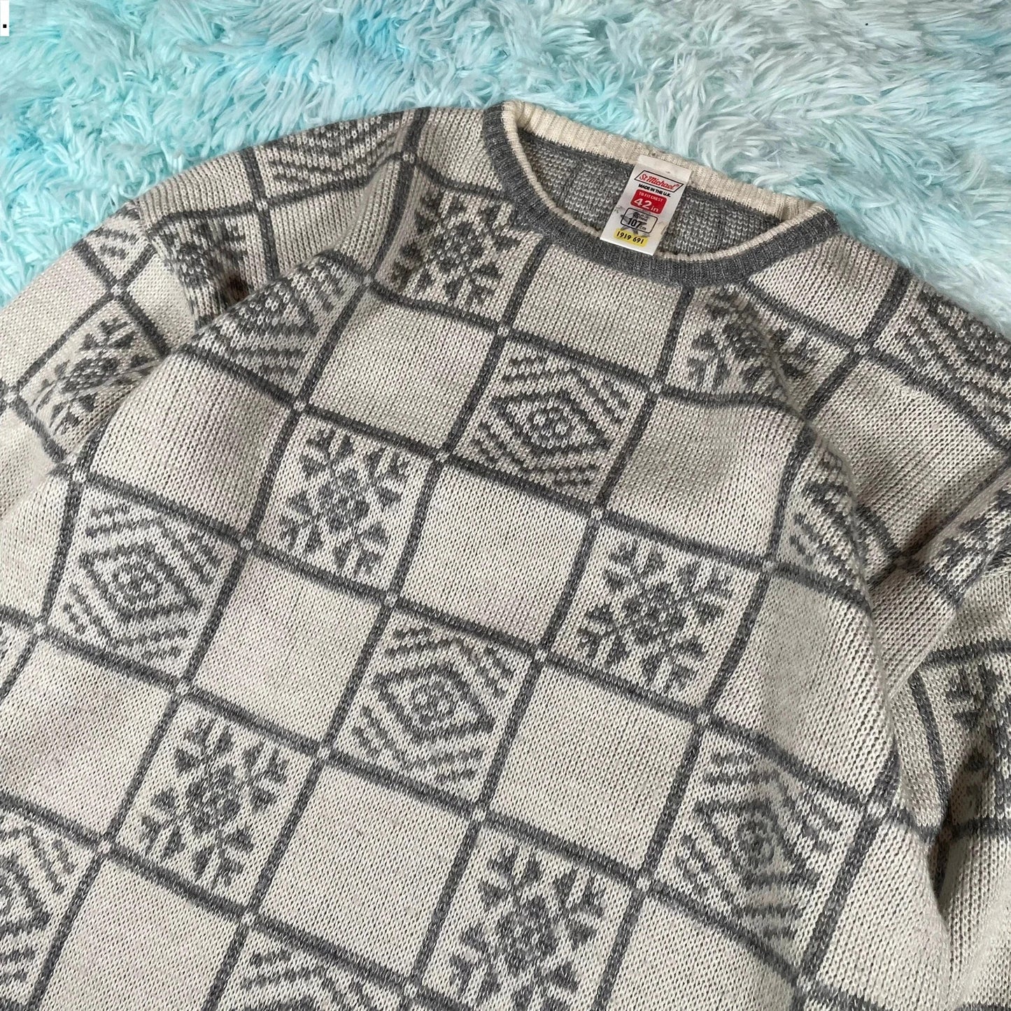 Vintage 90s Grey & Cream Grunge Patterned Knitted Jumper - Large