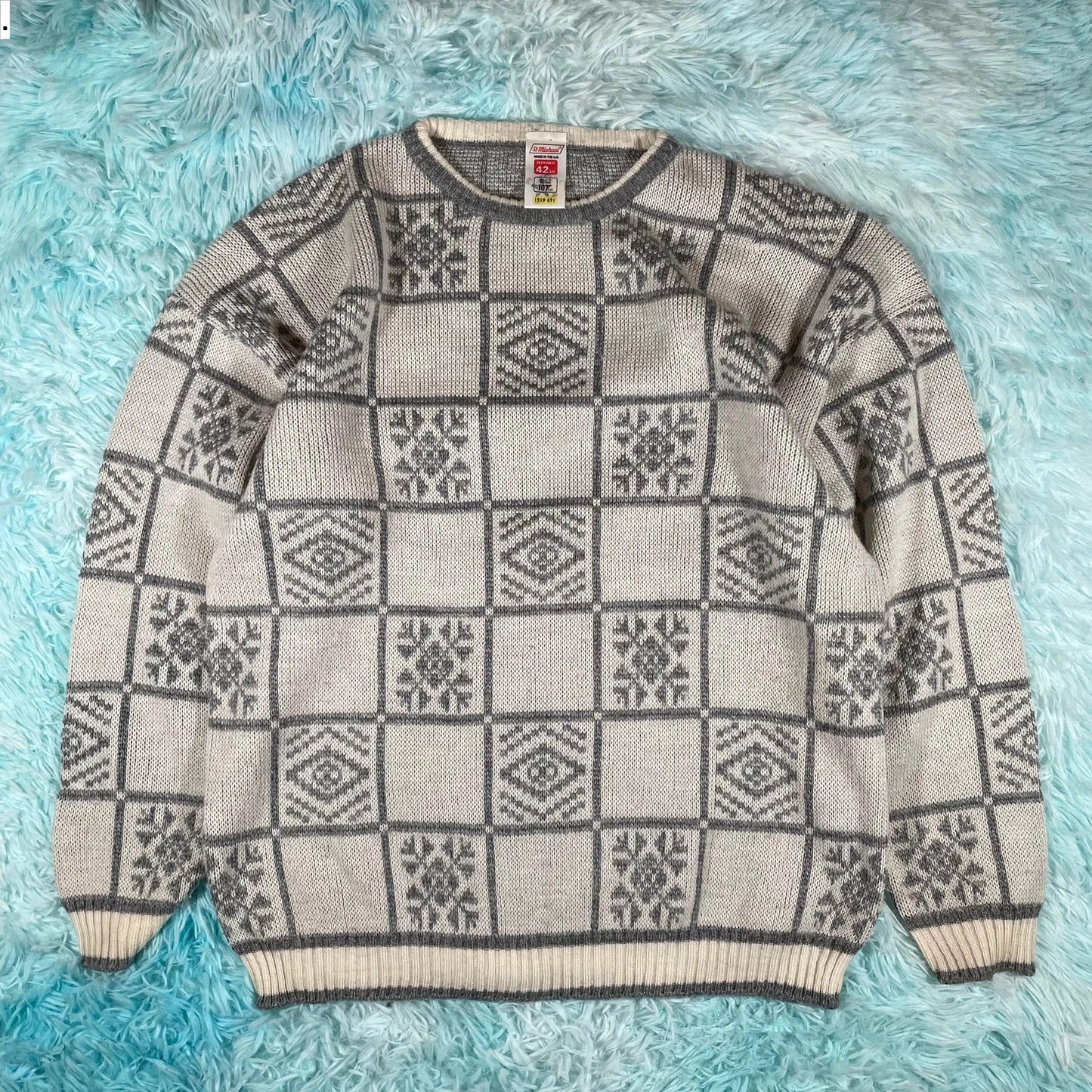 Vintage 90s Grey & Cream Grunge Patterned Knitted Jumper - Large