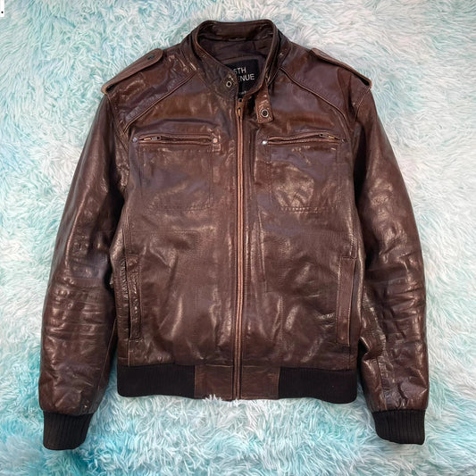 Brown Leather Bomber Jacket - Large