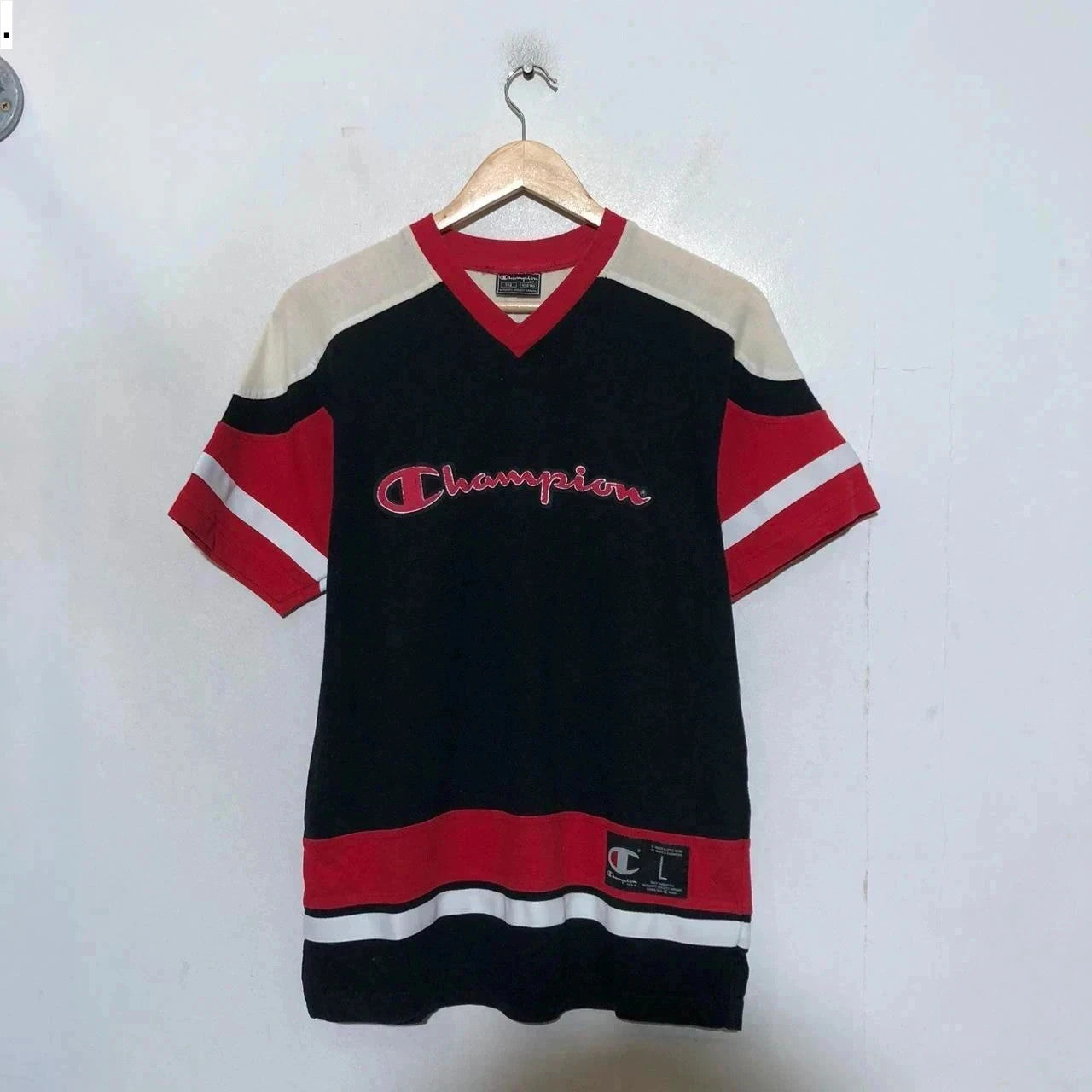 Vintage Black Champion V Neck T Shirt Spellout - XS