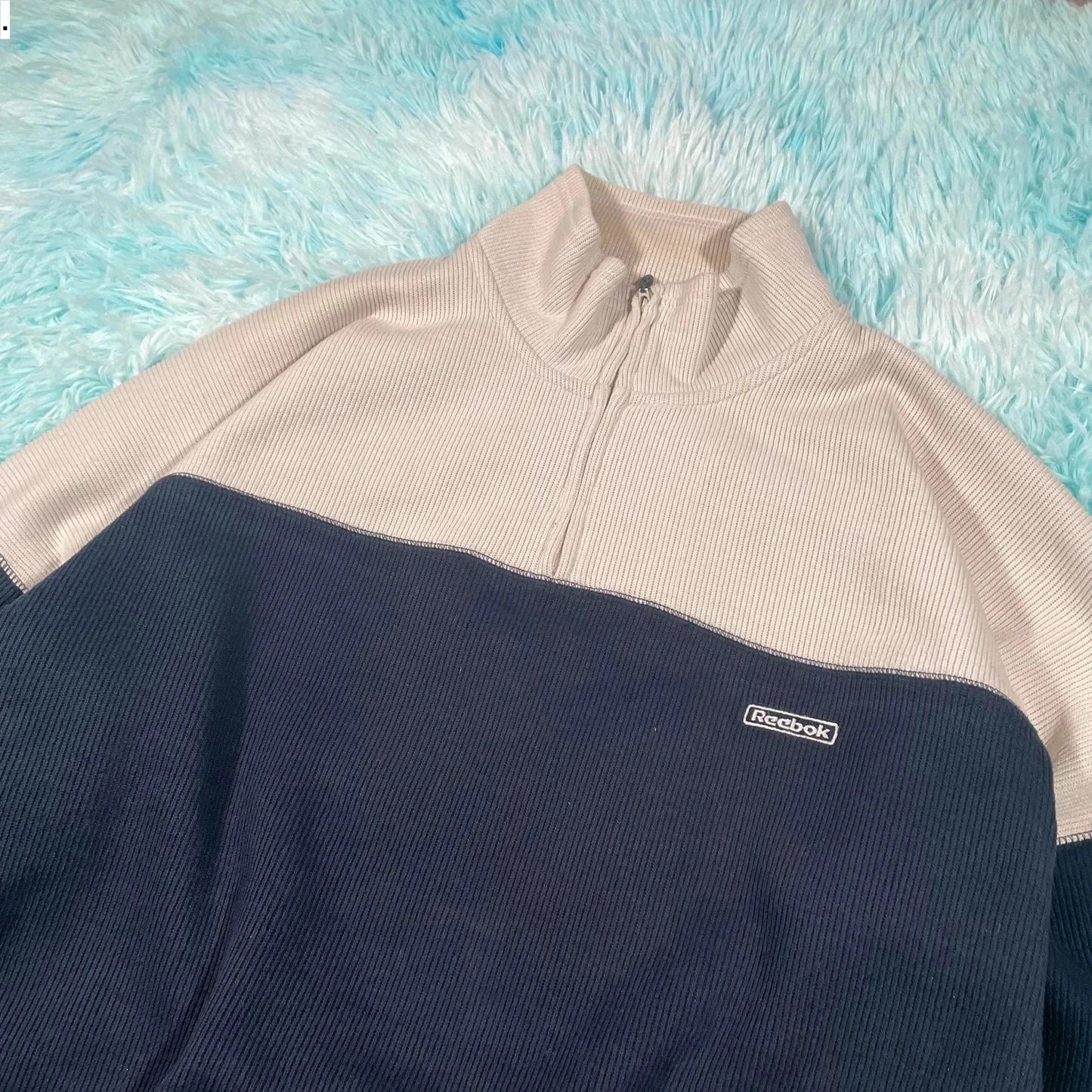 Vintage 00s Beige & Navy Reebok 1/4 Zip Sweatshirt - Medium